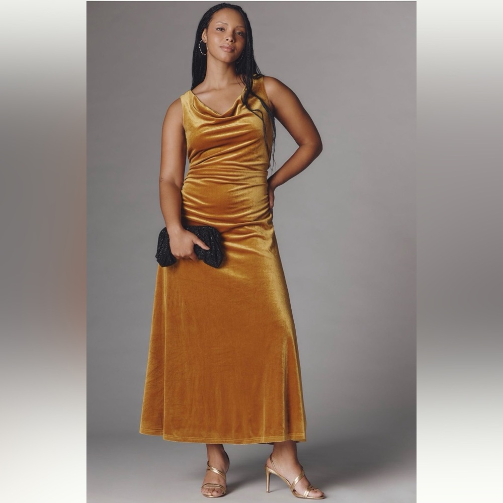 Anthropologie Stunning Gold Velvet Cowl Ruched Maxi Party Dress NWT 1X Formal 🔥